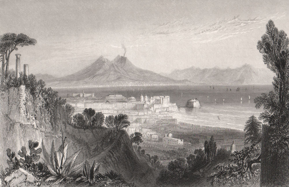 Naples, from the Villa Falconnet, Italy 1840 old antique vintage print picture